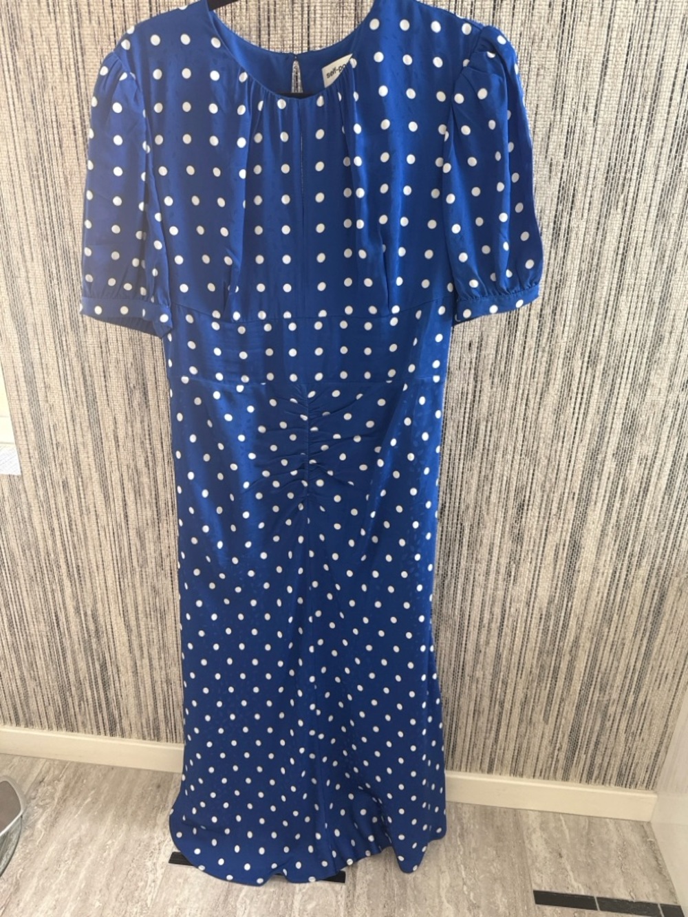 Self-Portrait Royal Blue Polka Dot Ruched Midi Dress. - Picture 2 of 4